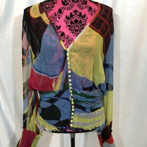 Louis Féraud Multicolor Sheer Flowy Blouse Ruched Waist Size F 44 US 12